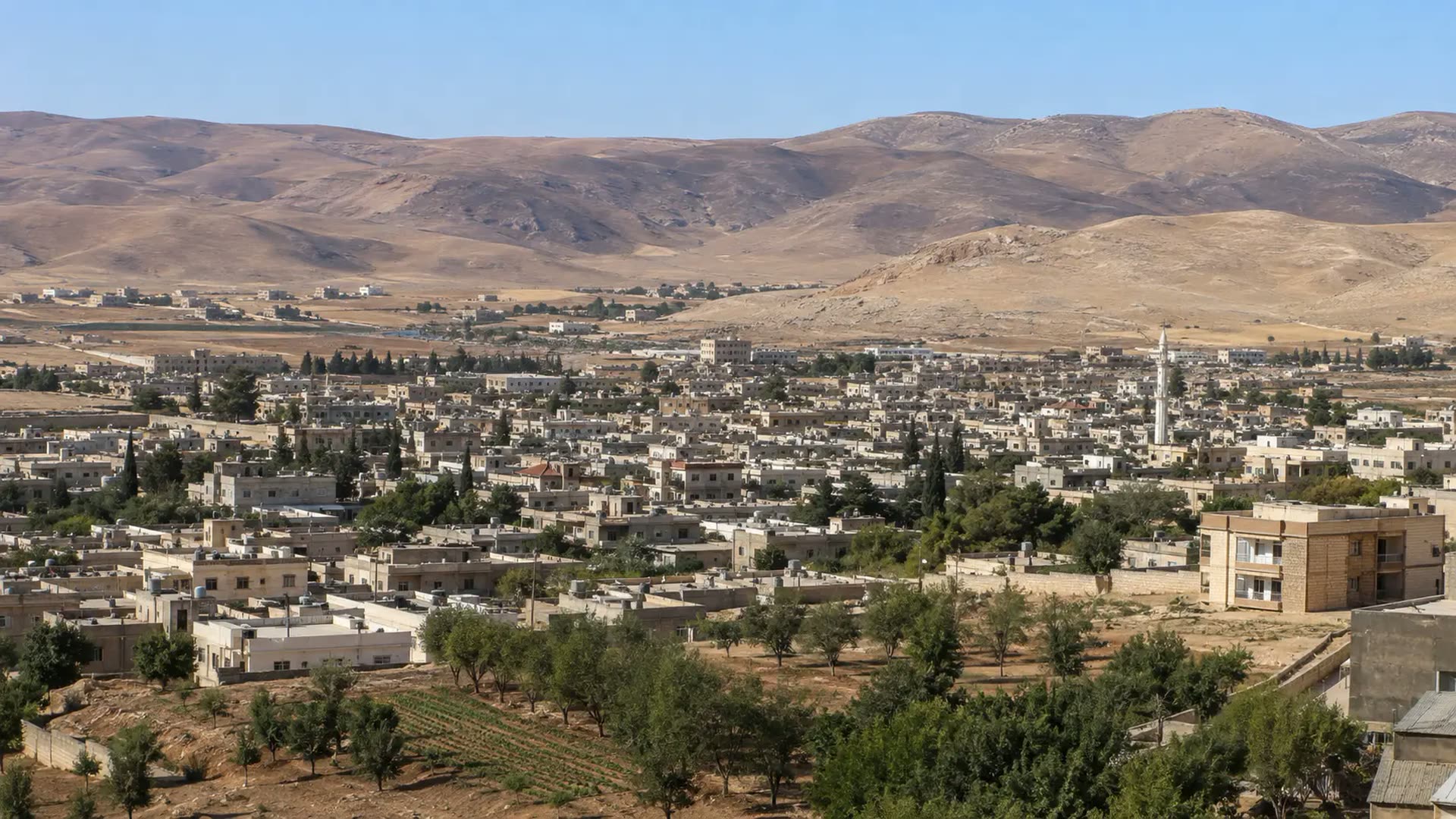 Mountain townscape representing Deir Atiyeh in the Qalamoun region.